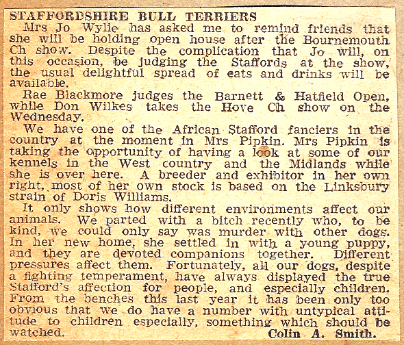 Colin A. Smith article referencing the natural attitude of Staffords towards children.