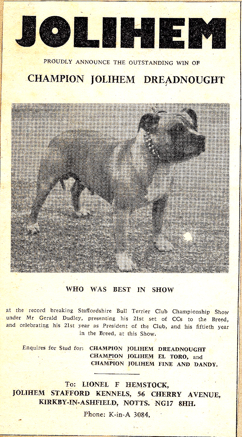 Jolihem Kennels advertisement and Ch Jolihem Dreadnought winning BOB.