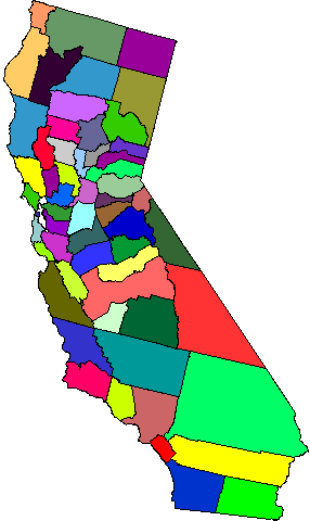 California State Map showing counties in different colors.